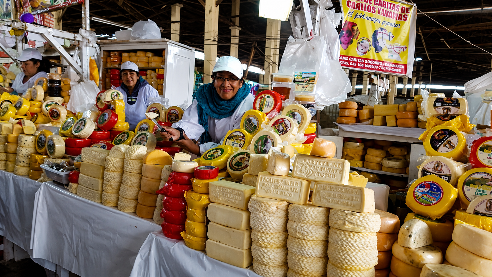 Vendedoras con gorra blanca atienden un puesto lleno de quesos en el mercado de San Pedro. Hay ruedas, barras y quesos envueltos apilados sobre la mesa