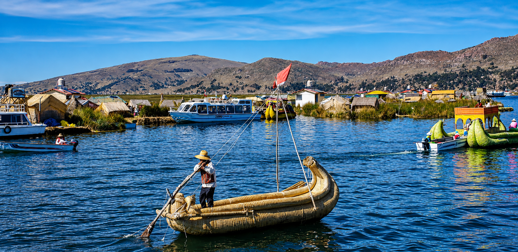 Un hombre conduce una balsa de totora por el lago Titicaca. Detrás se ven las islas de los Uros, con sus casas de totora y las lanchas de los viajeros.
