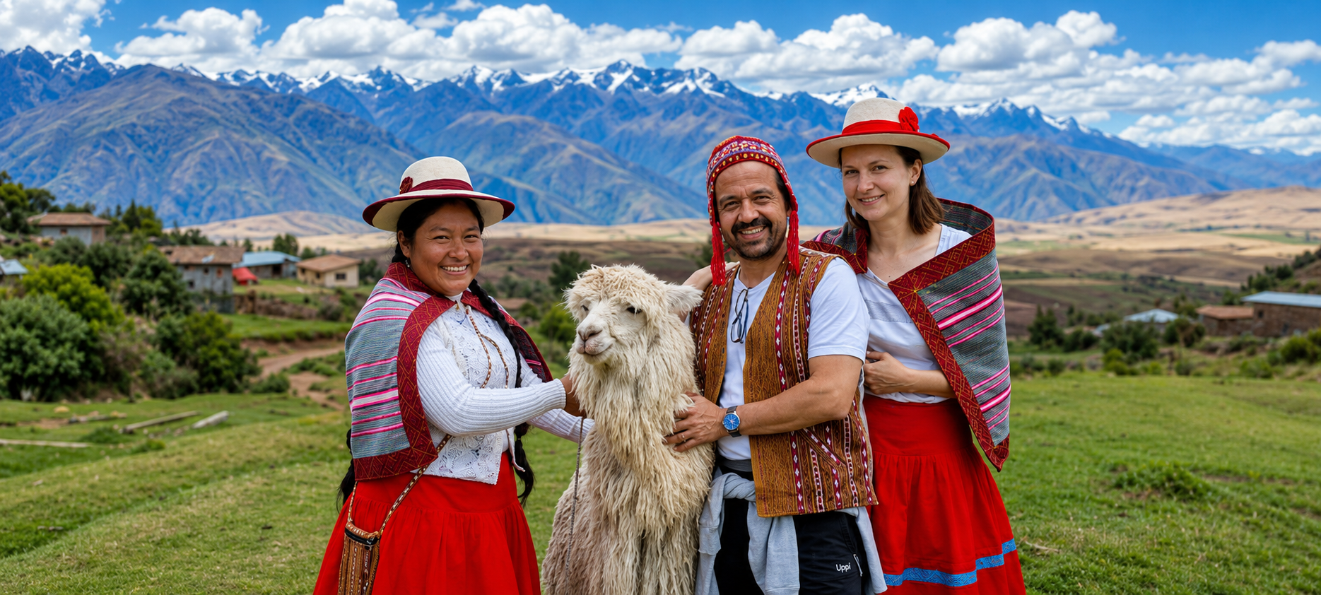 Tres personas con traje tradicional sonríen junto a una alpaca blanca. Detrás se abre un valle verde, con casas y una cordillera nevada.