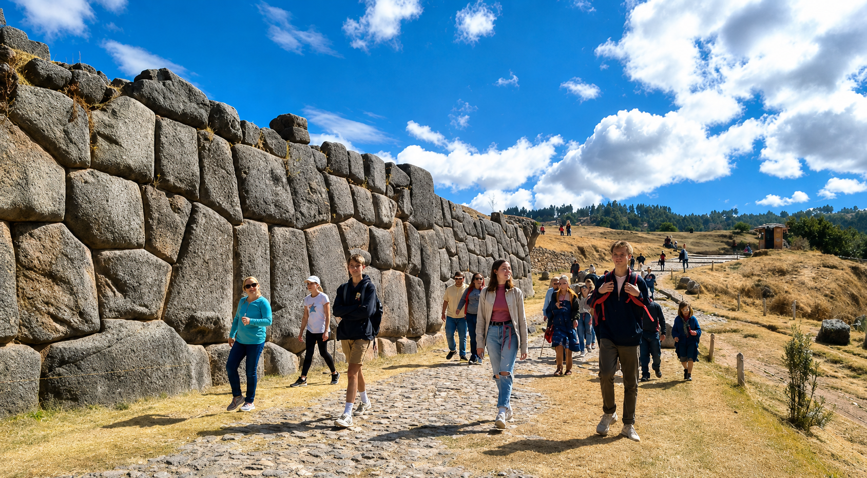 Un grupo camina junto al gran muro de piedras de Saqsayhuamán. El cielo está azul y el camino sigue entre el pasto seco.