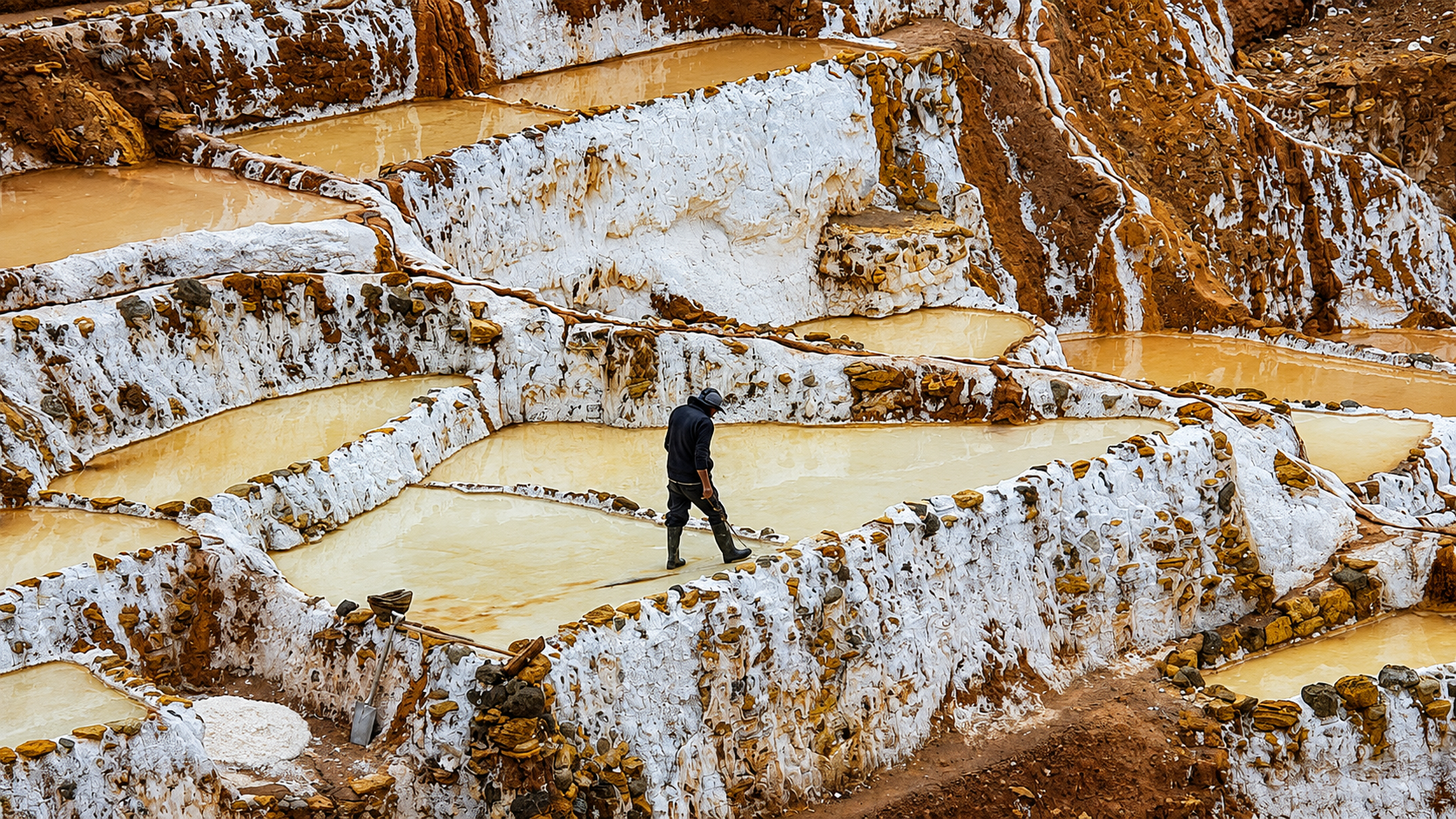 Un hombre recorre el muro de una poza en las salineras de Maras. La sal blanca contrasta con el agua color ámbar.