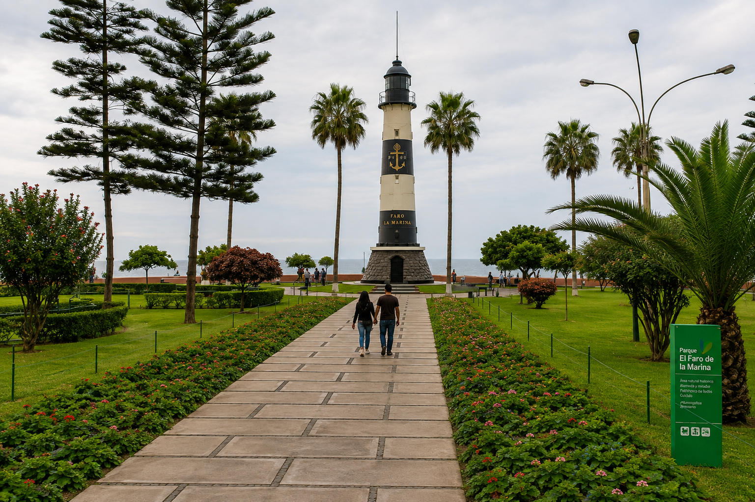 Una pareja camina por un sendero de jardines hacia el Faro de la Marina, en Lima. Detrás del faro se ve el mar, entre palmeras.
