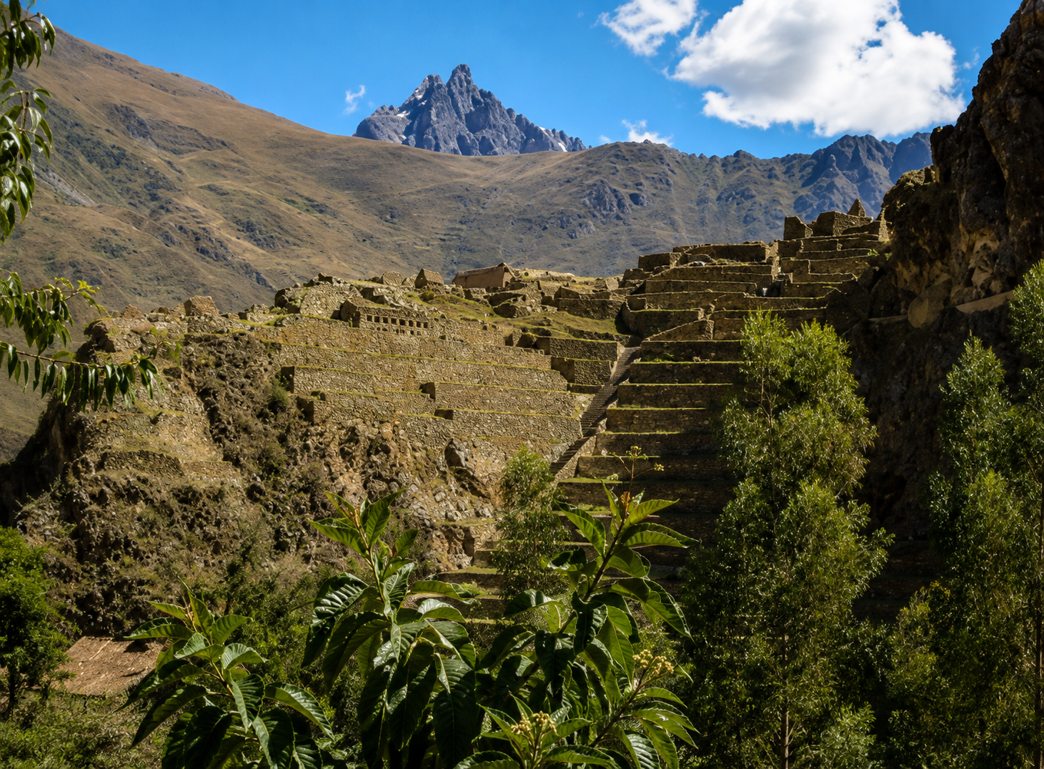 Los andenes de piedra de Ollantaytambo suben por la ladera, con un nevado al fondo. El cielo está azul y el valle se ve seco.