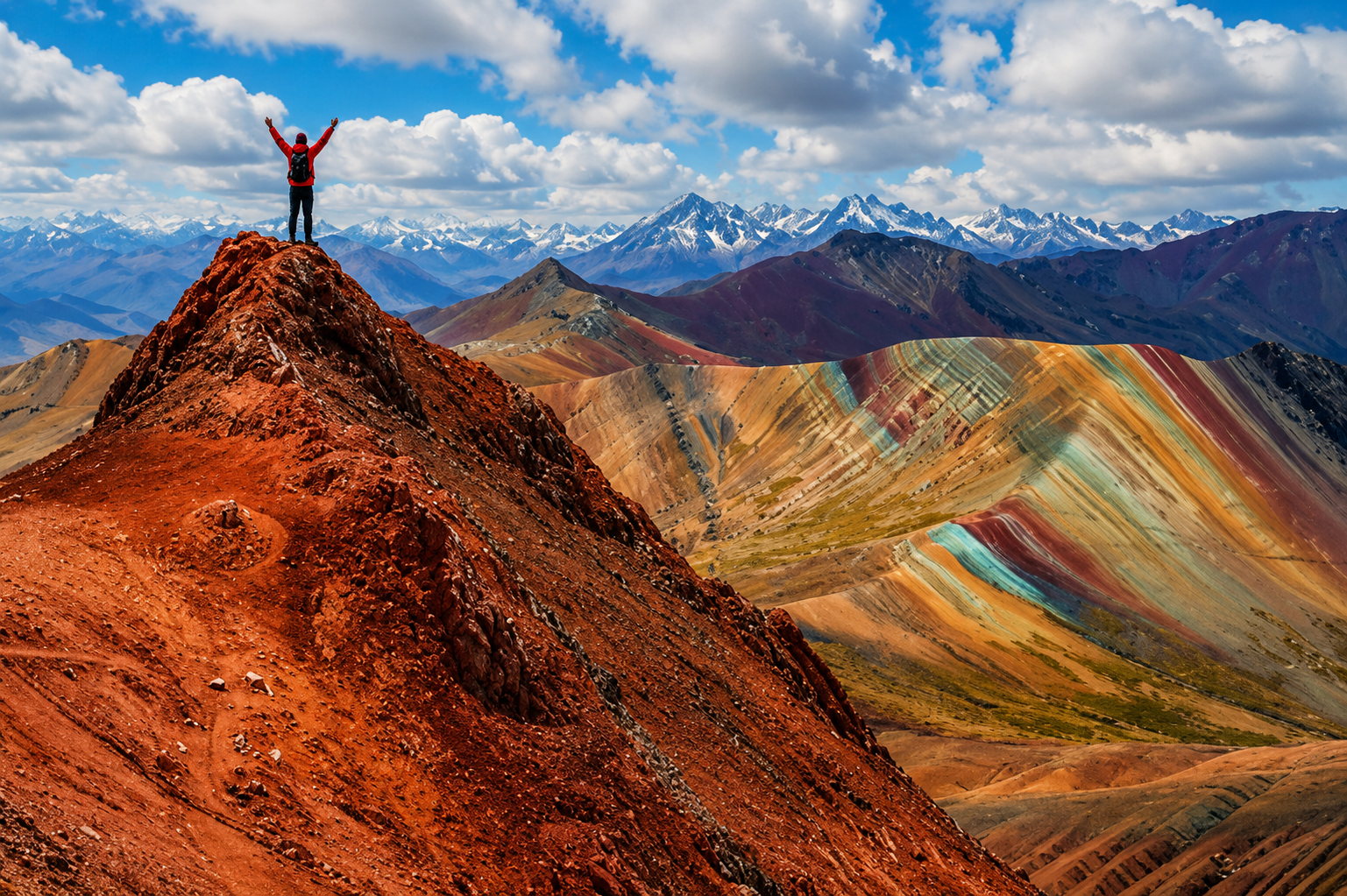 Un viajero de chaqueta roja levanta los brazos en la cima de un cerro, frente a la montaña de colores de Palccoyo. Al fondo se ve la cordillera nevada.