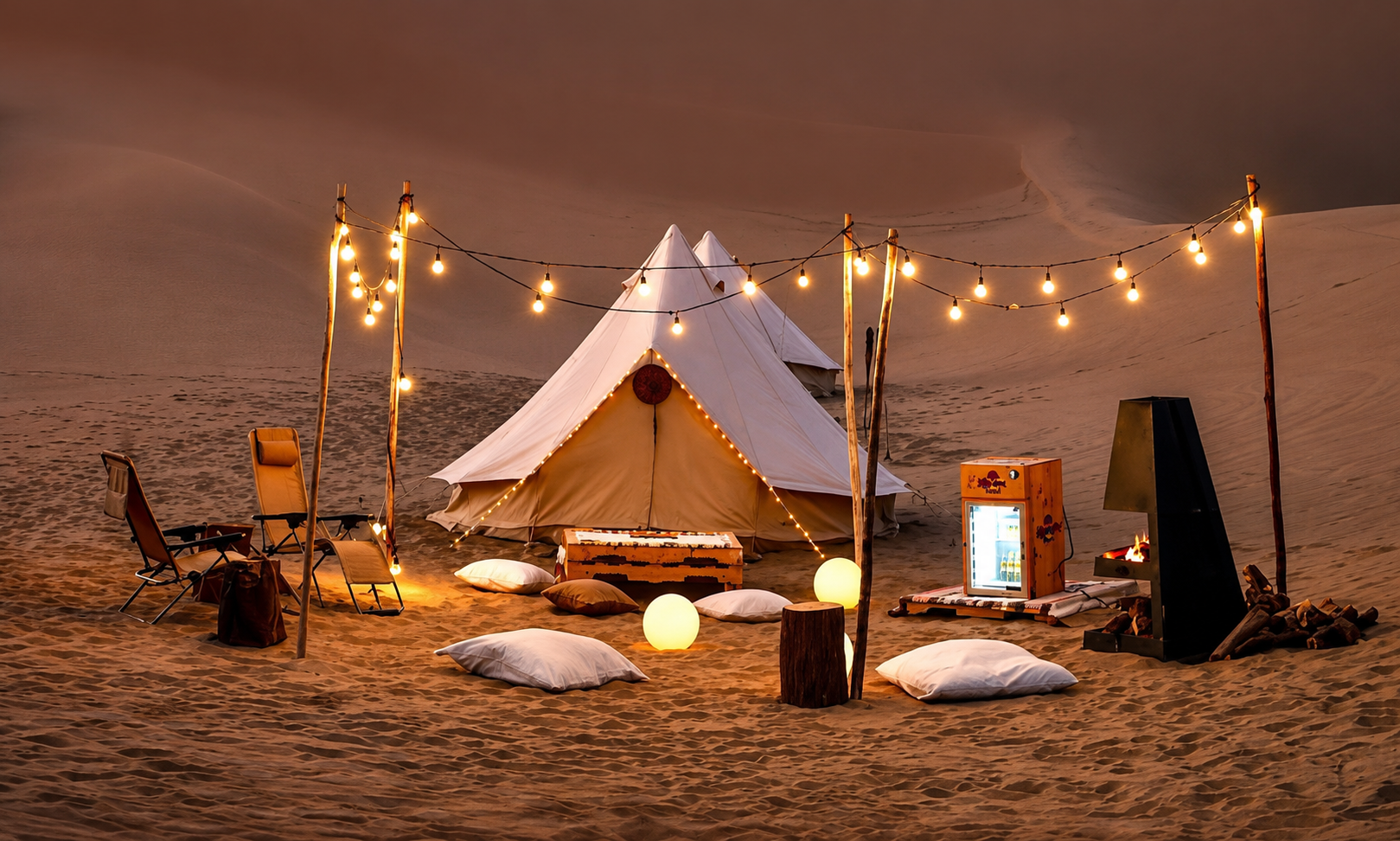 Una carpa blanca se ve entre las dunas, con luces colgadas y cojines sobre la arena. A un lado hay sillas y una fogata, bajo un cielo cálido al atardecer.