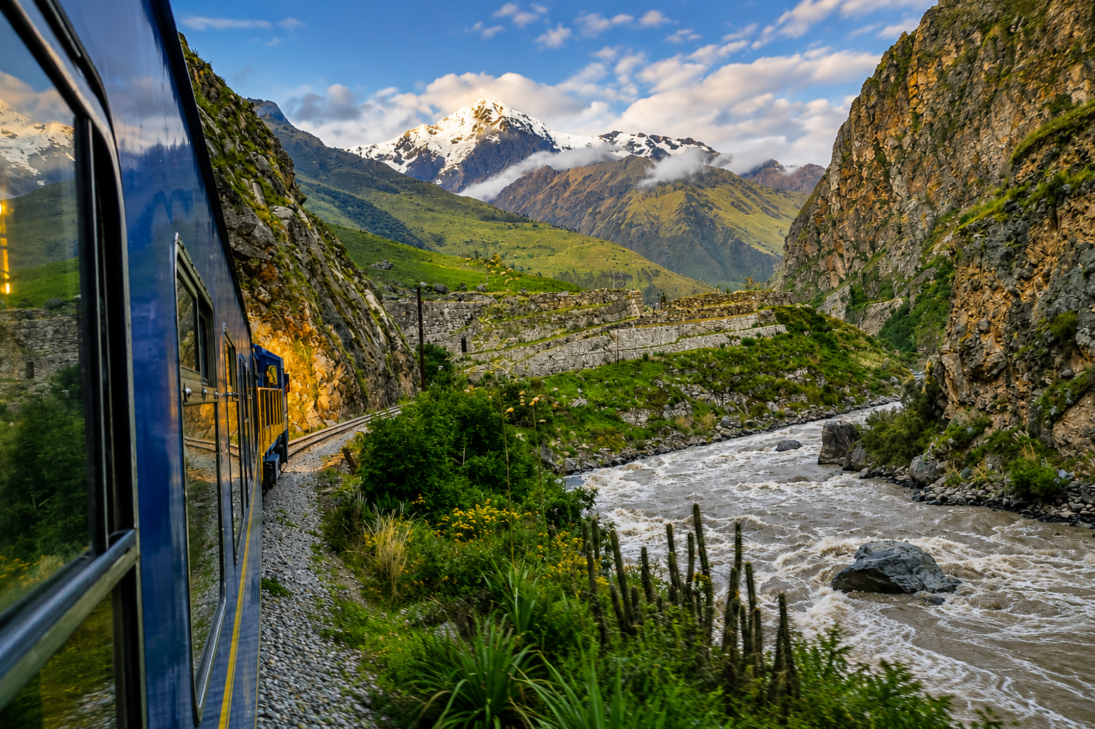 Un tren azul avanza entre el río y la montaña, camino a Machu Picchu. Al fondo, andenes de piedra y nevados bajo un cielo de tarde.