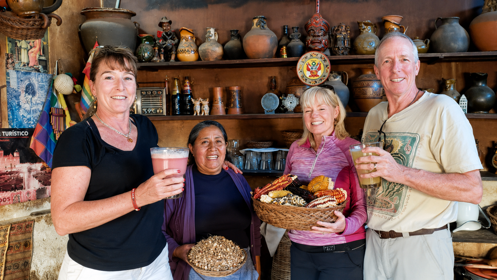 Un grupo brinda con chicha junto a una canasta de maíz de colores. Detrás, los estantes están llenos de vasijas de cerámica.