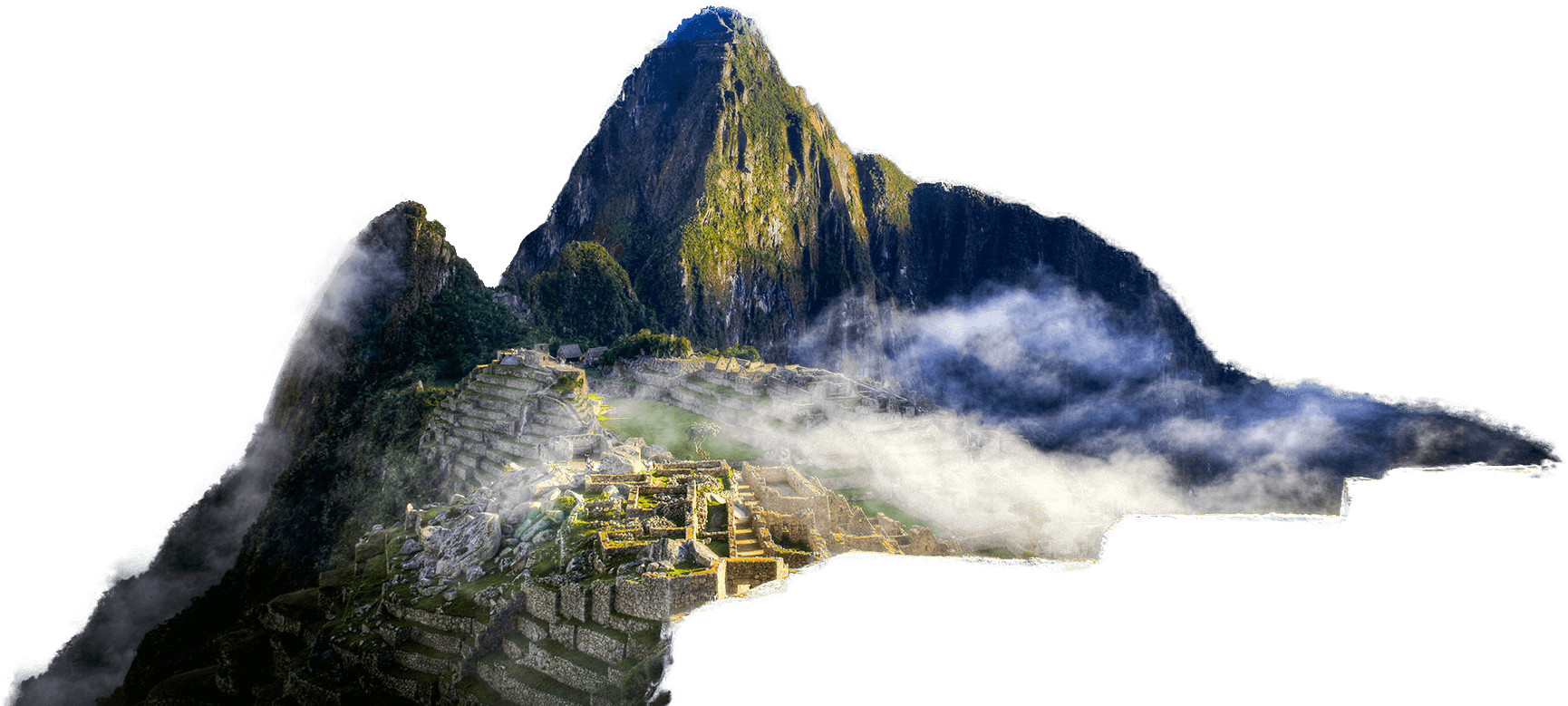 Vista de las ruinas incas de Machu Picchu con el monte Huayna Picchu al fondo y niebla entre las montañas